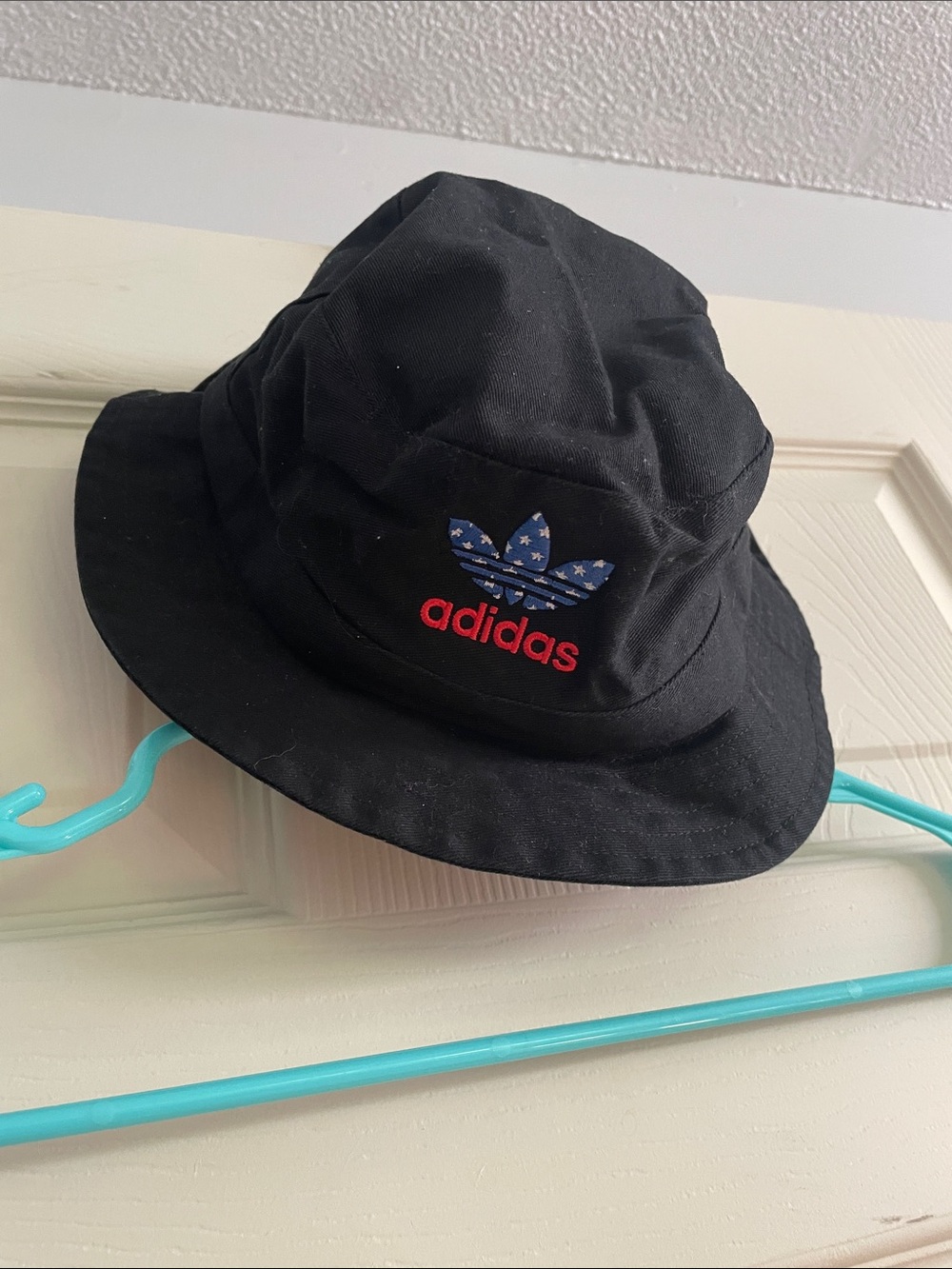 adidas Black Bucket Hat with Blue Trefoil and Red Logo